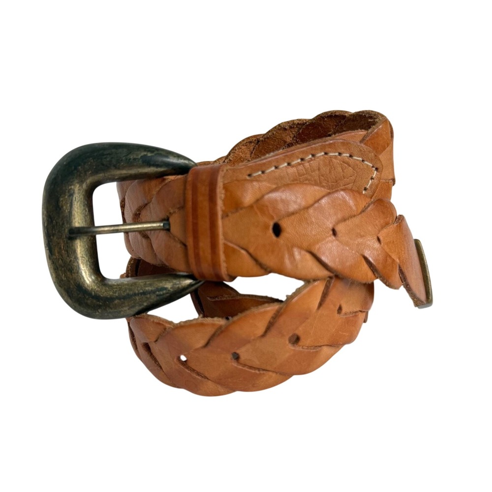 VTG Braided Leather Belt Womens S/M Tan Western Boho Woven Brass Buckle Classic